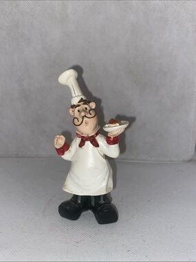 Source Unknown White and Black Ceramic Chef Figurine with Red Accents